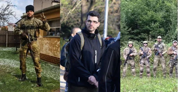 Daniel Hlavačka. Vlevo ukazuje gesto, které používají srbsští pravoslavní nacionalisté. Uprostřed jako účastník pochodu za padlé vojáky Wehrmachtu. Vpravo na cvičení Brigády.