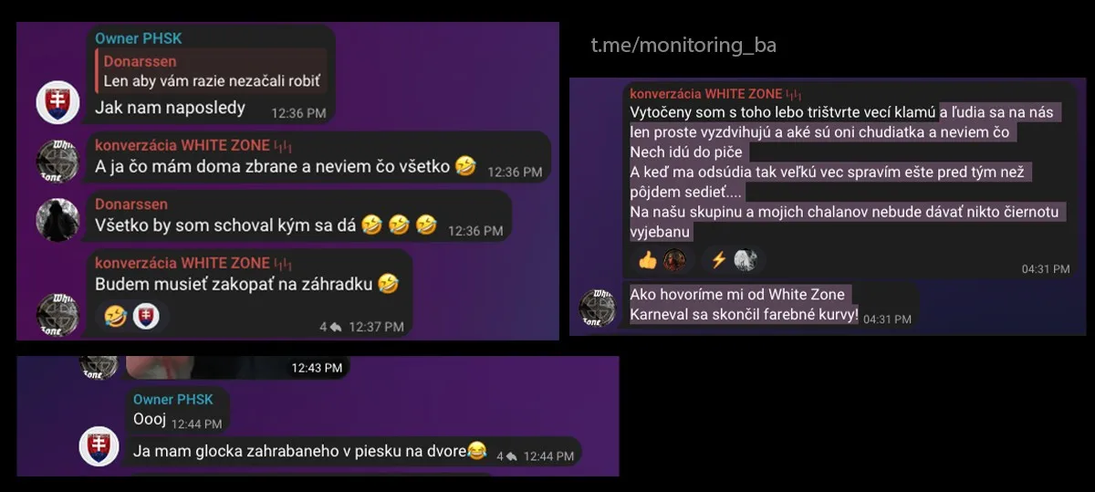 Screenshoty konverzácie na telegramovom kanály skupiny White Zone SS