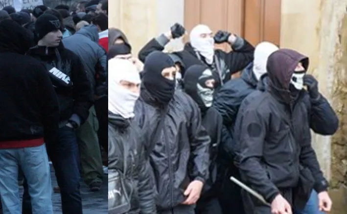 Lukáš Vagner v roce 2016. Vlevo na demonstraci Bloku proti islamizaci a vpravo tentýž den v bílé kukle se zdviženými pěstmi během útoku na demonstraci za práva uprchlíků.