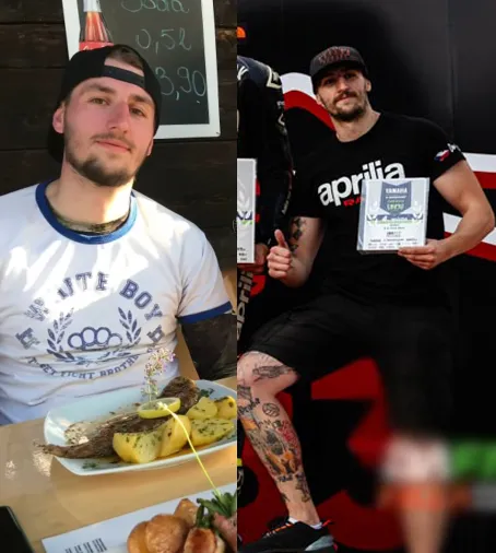 Lukáš Vagner dnes. Vlevo v triku značky Svastone, vpravo po závodech.